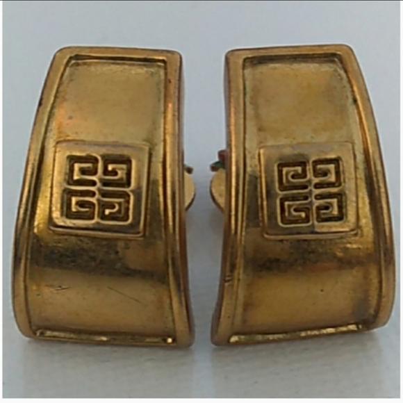 Vintage Jewelry - 1970s VINTAGE Givenchy Brushed Gold Logo Clip-Ons